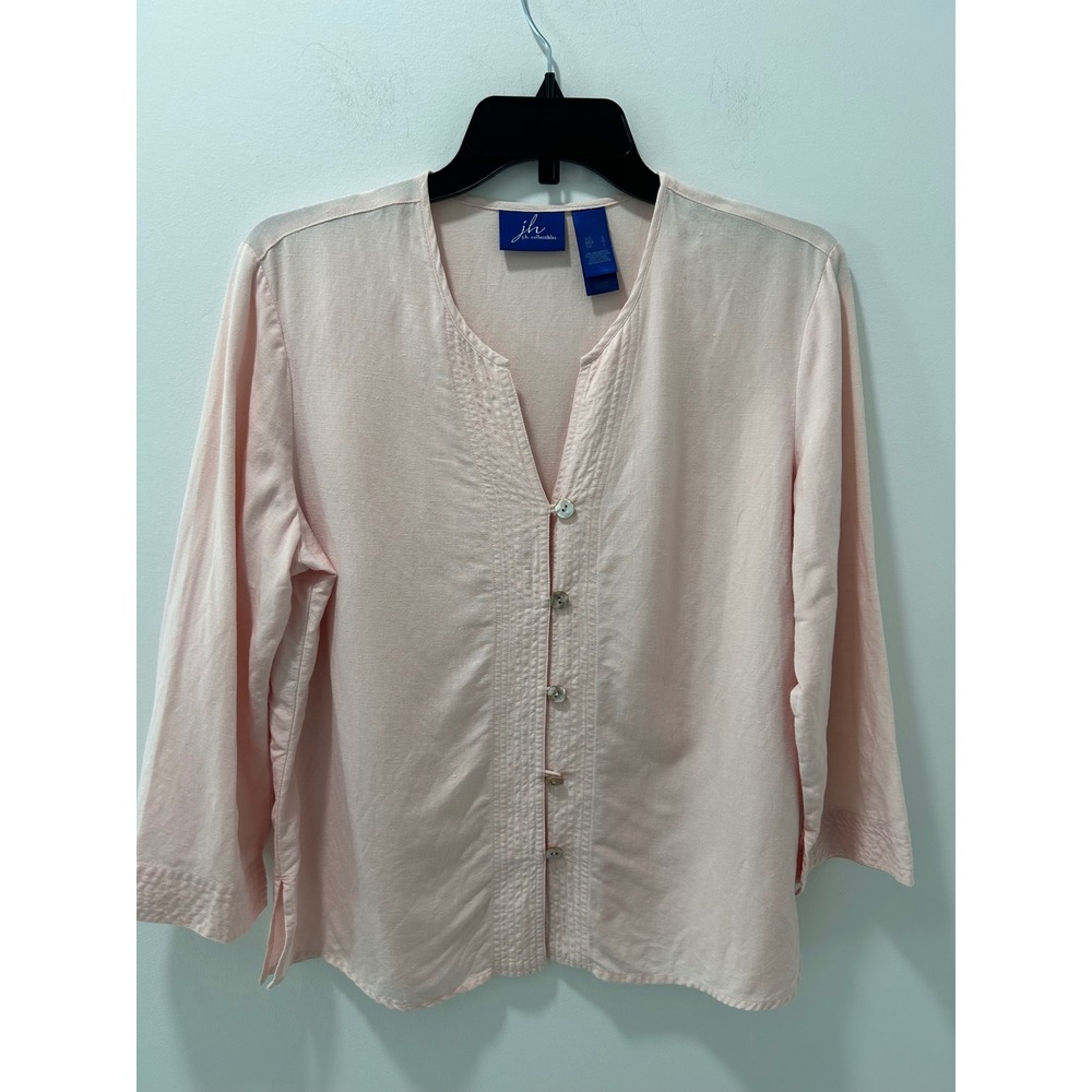 JH Collectibles Pink Linen Blend Button Front Blouse 3/4 Sleeve Large